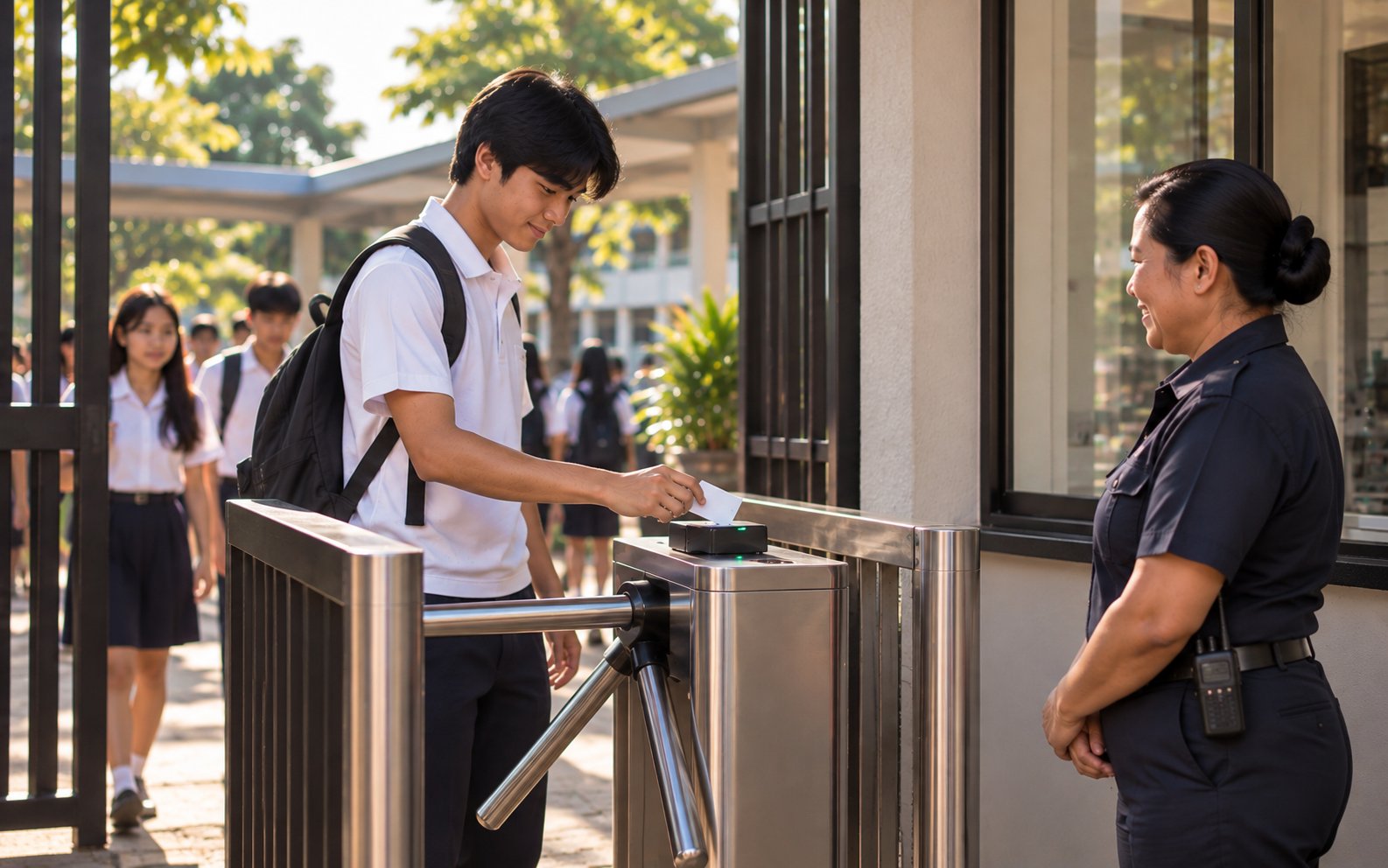A student tapping his ID card on the reader at the school turnstile in the morning while the guard nods hello.