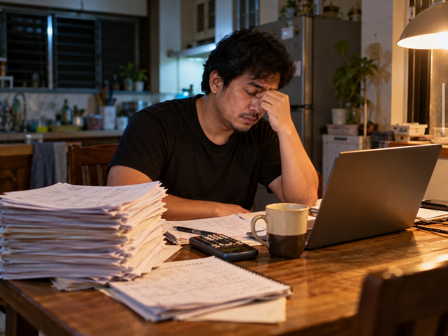 A teacher at his kitchen table at night, rubbing his eyes beside a laptop and a tall stack of quiz papers.