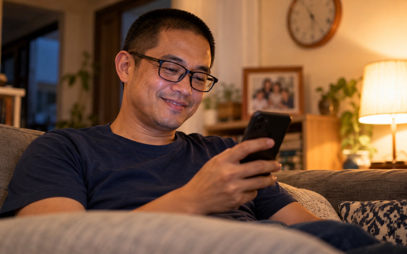 A father on the sofa in the evening, reading his child's grades on his phone with a relieved smile.