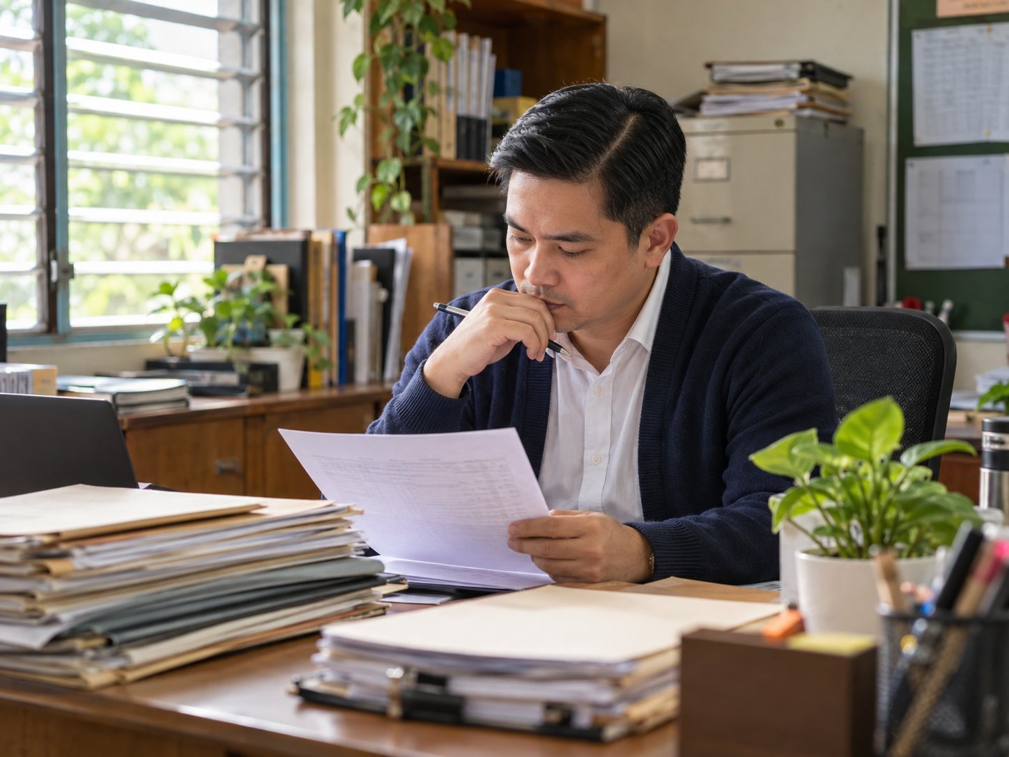 A department head in his office reading a printed grade sheet, pen in hand.