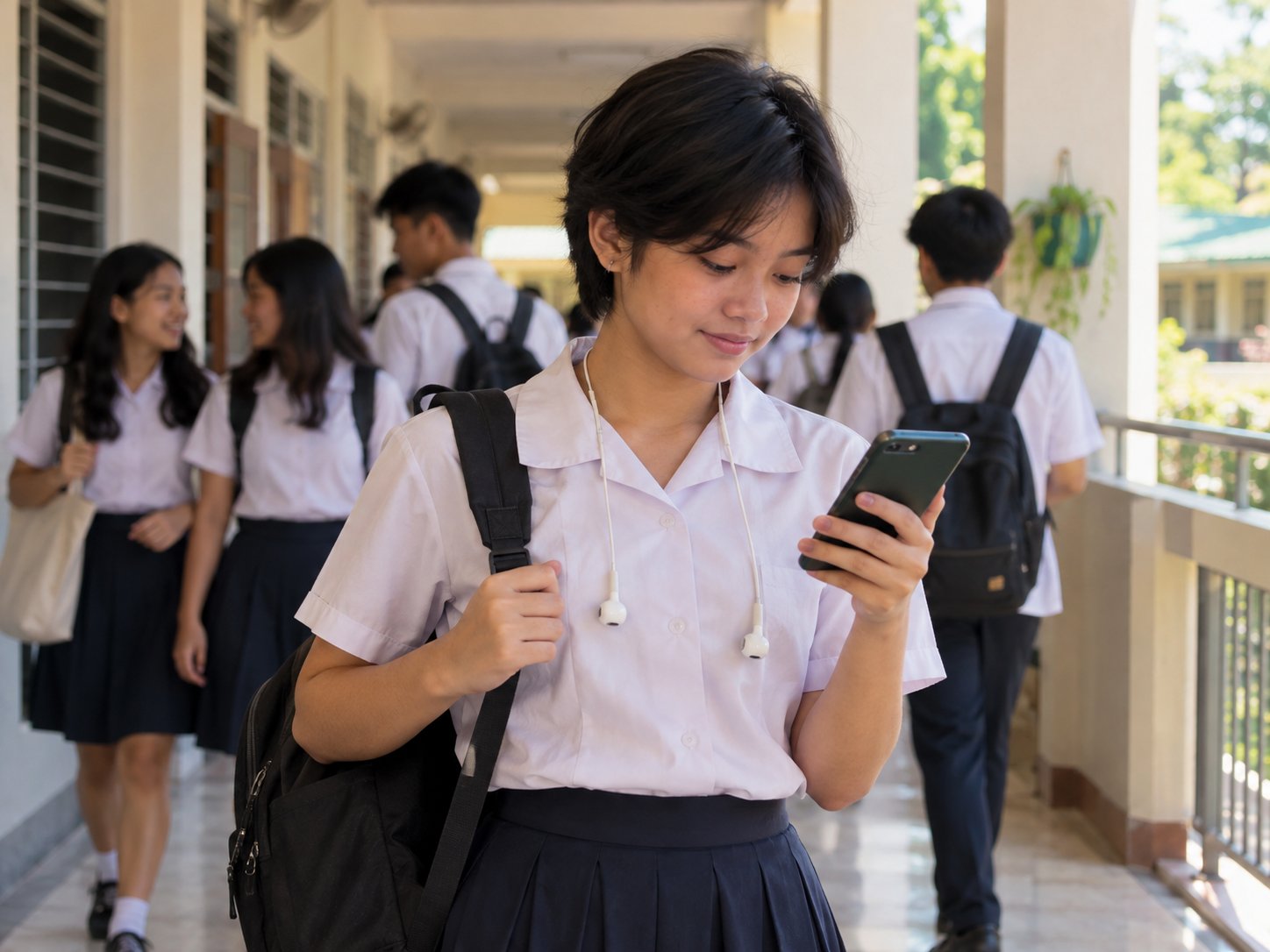 A high-school student glancing at her phone as she walks along the school corridor.
