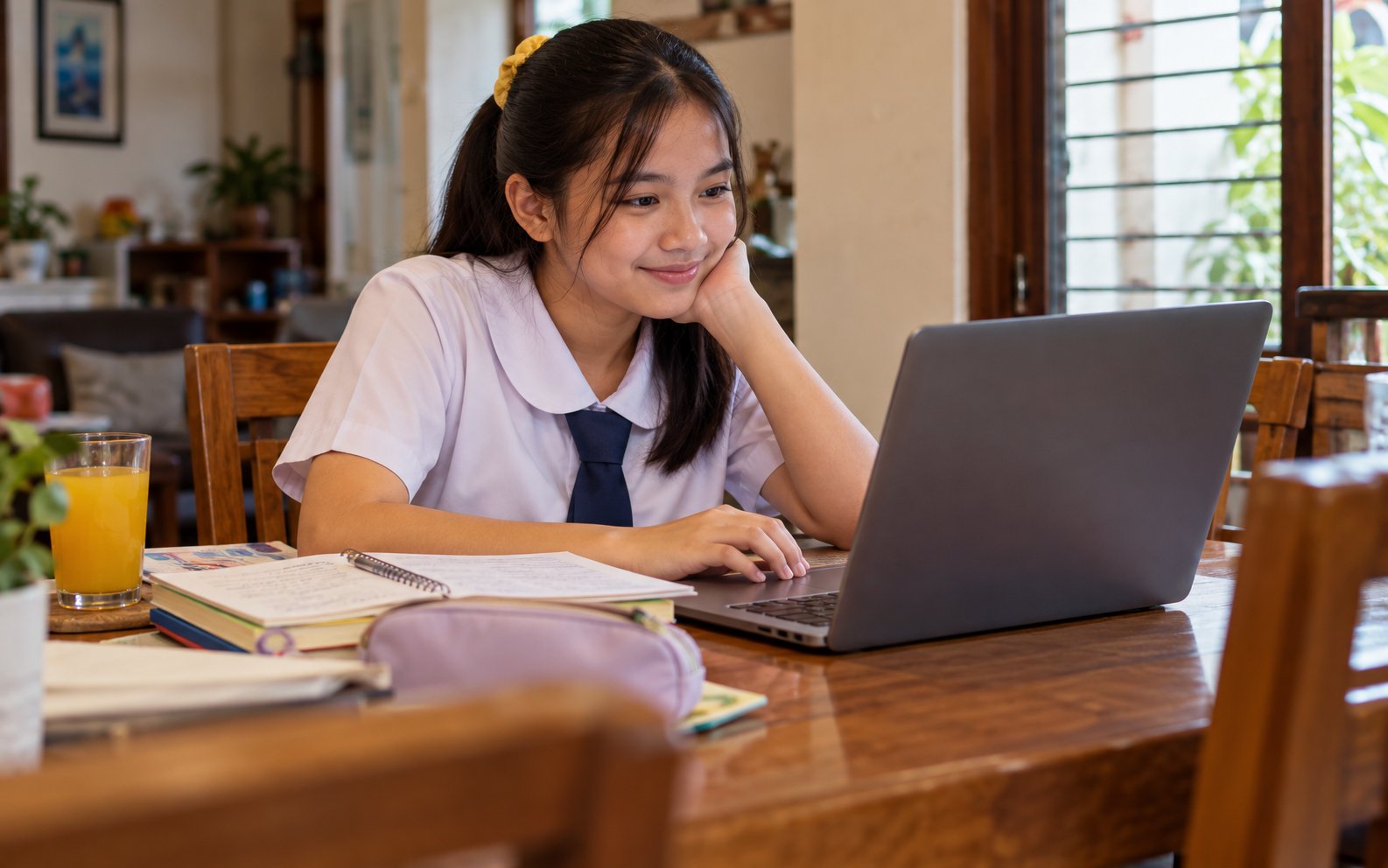 A Grade 7 student at the dining table after school, smiling at her grades on a laptop.
