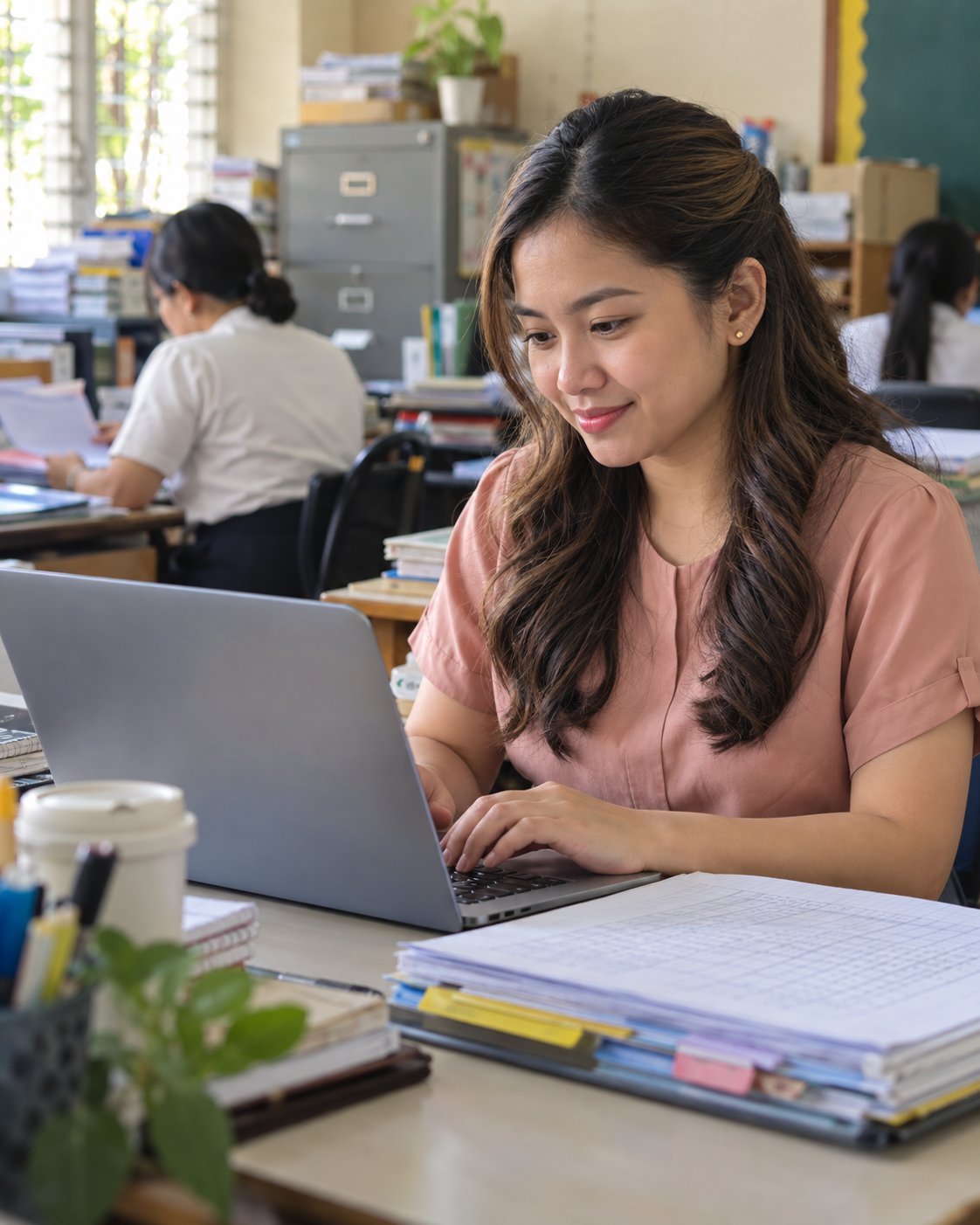A subject teacher in the faculty room entering grades on a laptop between classes.