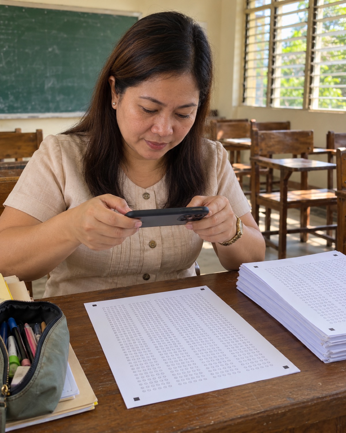 A teacher at her desk after class, holding her phone over an answer sheet, a stack of checked papers beside her.